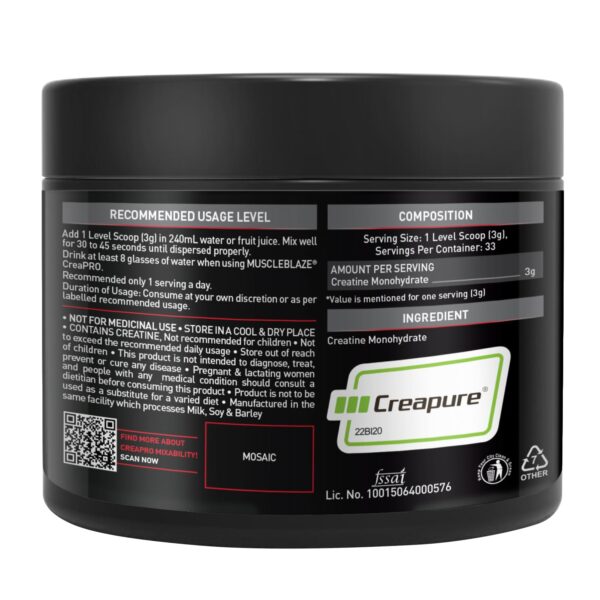 MuscleBlaze CreaPRO Creatine Monohydrate Powder with Creapure, Unflavoured (33 Servings, 100g)