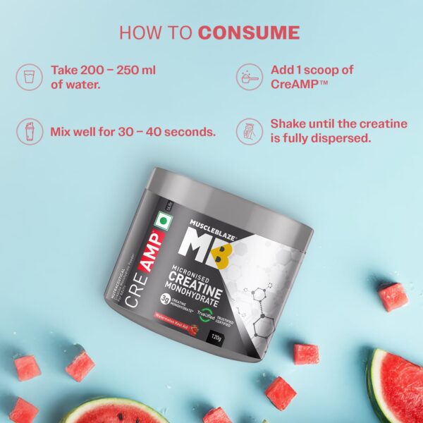 MuscleBlaze Micronised Creatine Monohydrate CreAMP Powder, Watermelon Kool Aid (30 Servings, 120g) | Trustified Certified Creatine