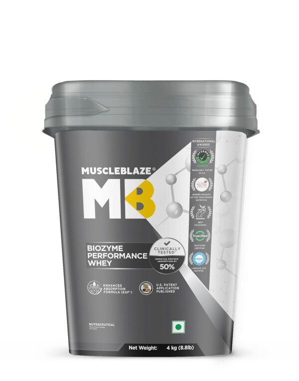 MuscleBlaze Biozyme Performance Whey Protein Powder, Rich Chocolate (4kg / 8.8lbs) | 25g Protein Per Scoop | Clinically Tested 50% Higher Protein Absorption