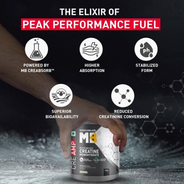 MuscleBlaze Micronised Creatine Monohydrate CreAMP Powder, Unflavoured (80 Servings, 250g) | Trustified Certified Creatine