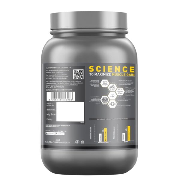MuscleBlaze Biozyme Performance Whey Protein Powder, Magical Mango (1kg / 2.2lbs) | 25g Protein Per Scoop | Clinically Tested 50% Higher Protein Absorption