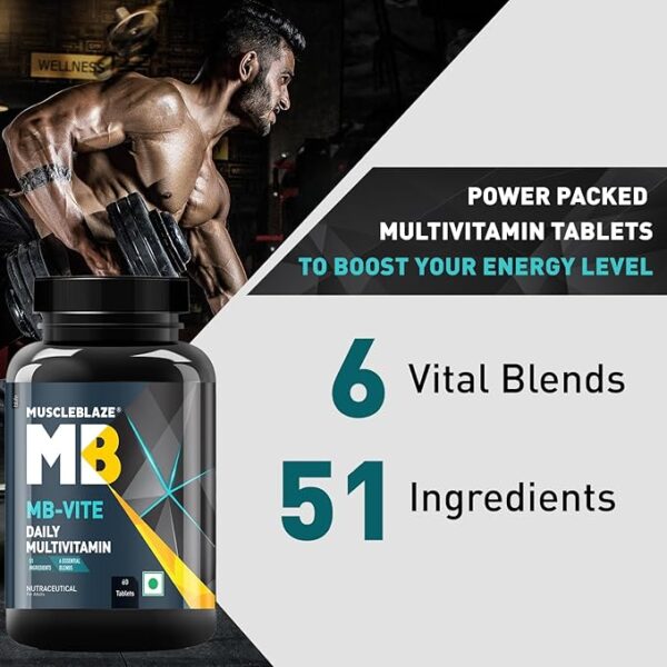 MuscleBlaze MB-Vite Daily Multivitamin (60 Tablets) | With 51 Ingredients & 6 Blends, Vitamins & Minerals, Prebiotic & Probiotics, Amino Acid Blends | For Energy, Stamina & Recovery