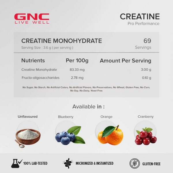 GNC Pro Performance Creatine Monohydrate - 3000mg Creatine Per Scoop | Micronized for Faster Absorption | Boosts Energy, Muscle Volume & Performance | Gluten-Free | Blueberry | 250gm