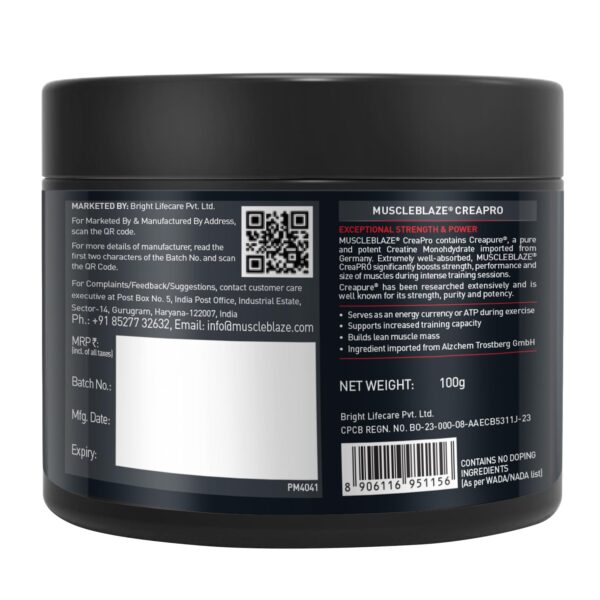 MuscleBlaze CreaPRO Creatine Monohydrate Powder with Creapure, Unflavoured (33 Servings, 100g)