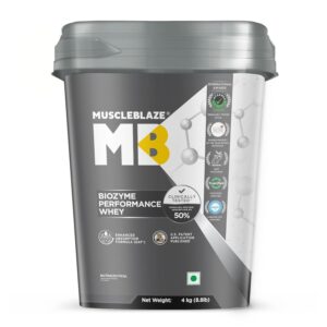 MuscleBlaze Biozyme Performance Whey Protein Powder, Magical Mango (4kg / 8.8lbs) | 25g Protein Per Scoop | Clinically Tested 50% Higher Protein Absorption