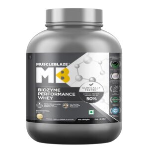 MuscleBlaze Biozyme Performance Whey Protein Powder, French Vanilla Creme (2kg / 4.4lbs) | 25g Protein Per Scoop | Clinically Tested 50% Higher Protein Absorption