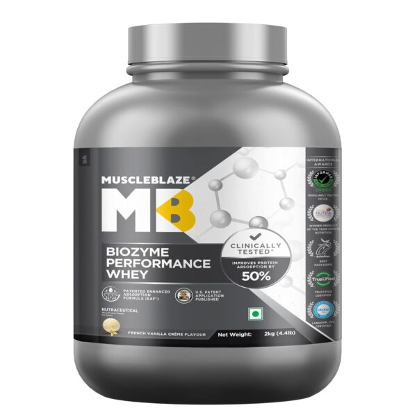 MuscleBlaze Biozyme Performance Whey Protein Powder, French Vanilla Creme (2kg / 4.4lbs) | 25g Protein Per Scoop | Clinically Tested 50% Higher Protein Absorption