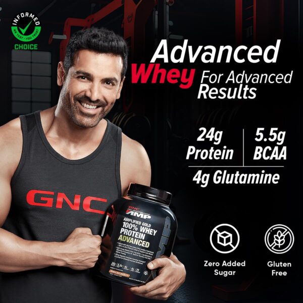 GNC AMP Gold Series Whey Protein Advanced | 4 lbs | Lean Muscle Gains | Intense Workout | Informed Choice Certified | 24g Protein | 5.5g BCAA | 4g Glutamine | Double Rich Chocolate| Formulated In USA