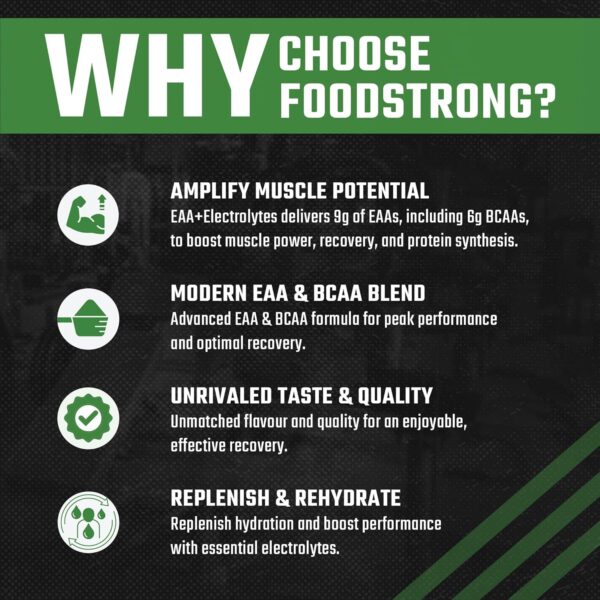 Foodstrong EAA 9000 with Hydrating Electrolytes, Raw Mango Flavour, 9g Essential Amino Acids (EAA) & 6g BCAA Per Serving – Supports Muscle Recovery & Rehydration – 300g, 25 Servings