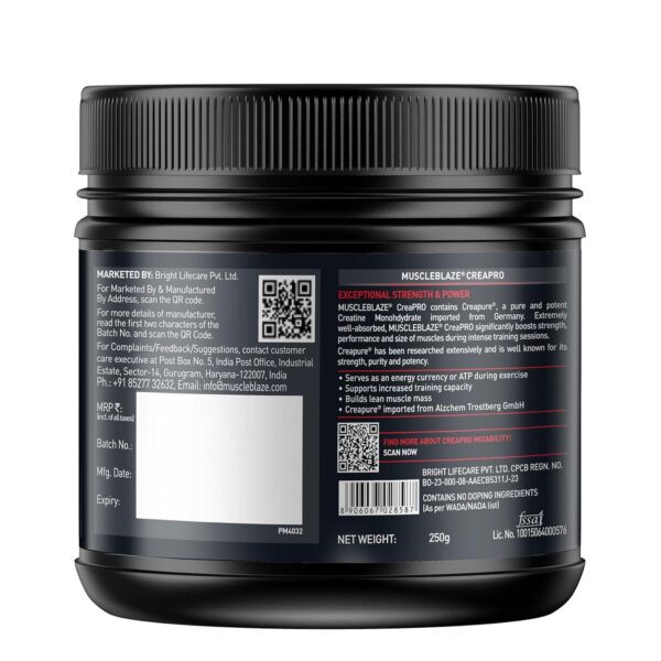 MuscleBlaze CreaPRO Creatine Monohydrate Powder with Creapure, Tangy Orange (62 Servings, 250g)