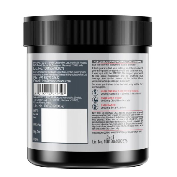 MuscleBlaze Pre Workout 200 Xtreme (Berry Bolt, 30 Servings, 100g) | 200mg Caffeine, 200mg Theanine, 2000mg Beta Alanine, 3000mg Citrulline
