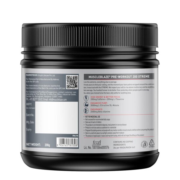 MuscleBlaze Pre Workout 200 Xtreme (Fruit Punch, 60 Servings, 200g) | 200mg Caffeine, 200mg Theanine, 2000mg Beta Alanine, 3000mg Citrulline