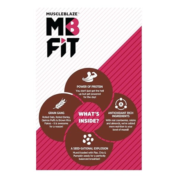 MuscleBlaze Fit High Protein Muesli (1kg, Dark Chocolate & Cranberry) | 22g Protein | With Raisins, Almonds & Super Seeds,High Protein Breakfast Cereals
