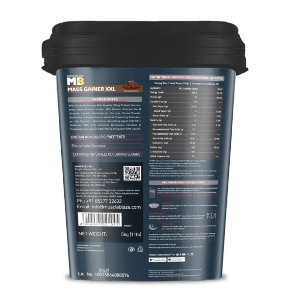 MuscleBlaze Mass Gainer XXL (Chocolate, 5kg / 11lbs, 50 Servings) | With Complex Carbs | High Protein & Digestive Enzymes