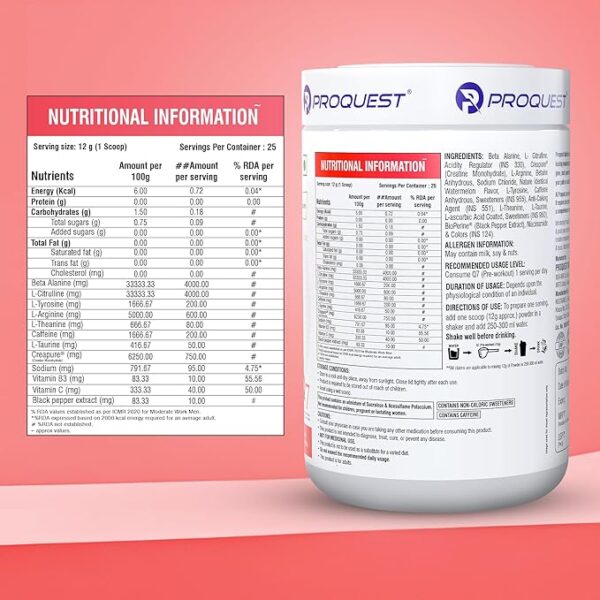 Proquest Q7 Pre-Workout (Salted Watermelon, 25 Servings 300g) | Per serve- Beta Alanine 4000 mg, L-Arginine 600 mg, Creapure® 750mg, Caffeine 200mg | Muscle Pump, Performance, Energy, Recovery, Focus & Endurance
