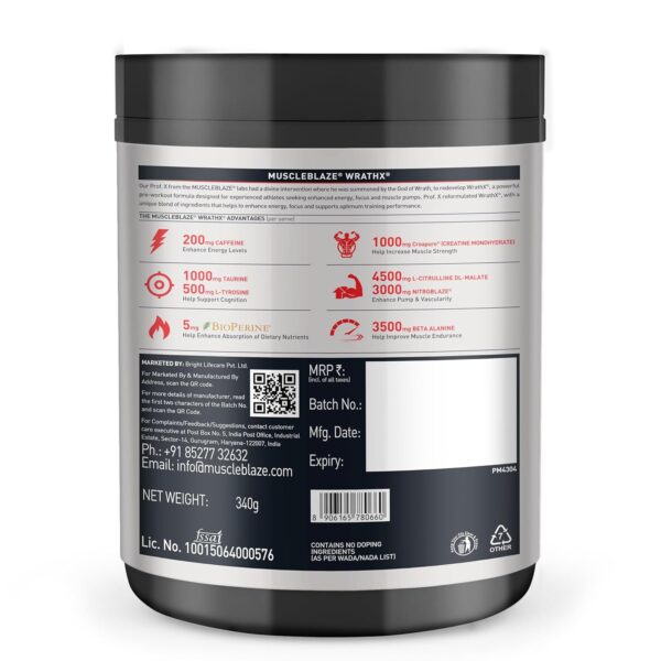 MuscleBlaze Pre Workout Wrathx With Creapure,Nitroblaze & Bioperine (Cola Frost,340 G,20 Servings),Powder,1 Count