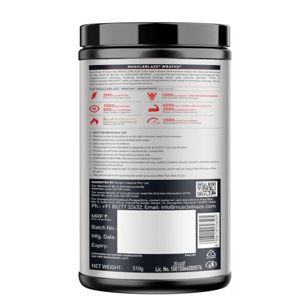 MuscleBlaze Pre Workout WrathX with Creapure, Nitroblaze & BioPerine (Fruit Fury, 510g, 30 Servings)
