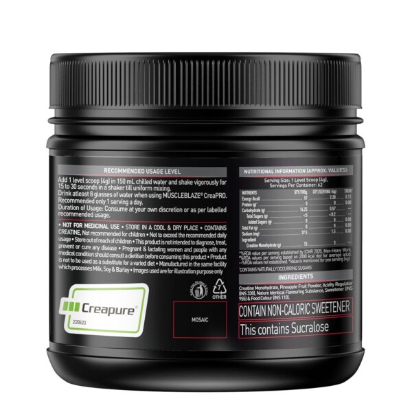 MuscleBlaze CreaPRO Creatine Monohydrate Powder with Creapure, Tangy Orange (62 Servings, 250g)