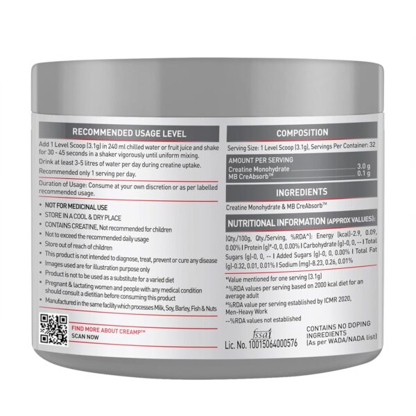 MuscleBlaze Micronised Creatine Monohydrate CreAMP Powder, Unflavoured (32 Servings, 100g) | Trustified Certified Creatine