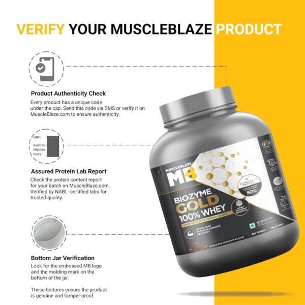 MuscleBlaze Biozyme Gold 100% Whey Protein (Double Rich Chocolate, 2kg / 4.4 lb) | Whey Isolate as Primary Protein Source