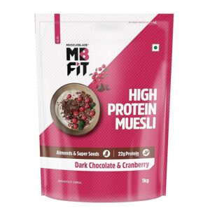 MuscleBlaze Fit High Protein Muesli (1kg, Dark Chocolate & Cranberry) | 22g Protein | With Raisins, Almonds & Super Seeds,High Protein Breakfast Cereals