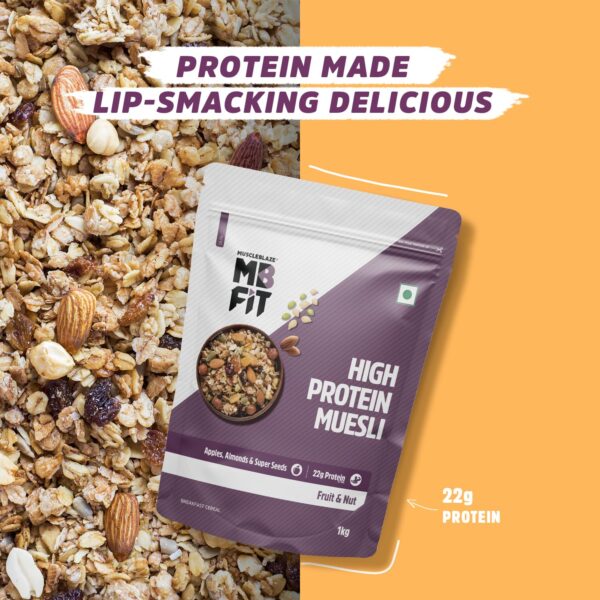 MuscleBlaze Fit High Protein Muesli (1kg, Fruits & Nut) | 22g Protein | With Apple, Almonds & Super Seeds, High Protein Breakfast Cereals