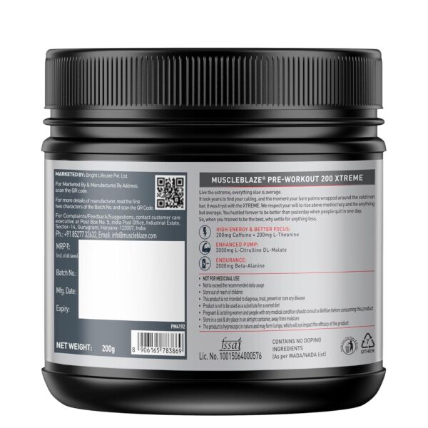 MuscleBlaze Pre Workout 200 Xtreme (Berry Bolt, 60 Servings, 200g) | 200mg Caffeine, 200mg Theanine, 2000mg Beta Alanine, 3000mg Citrulline