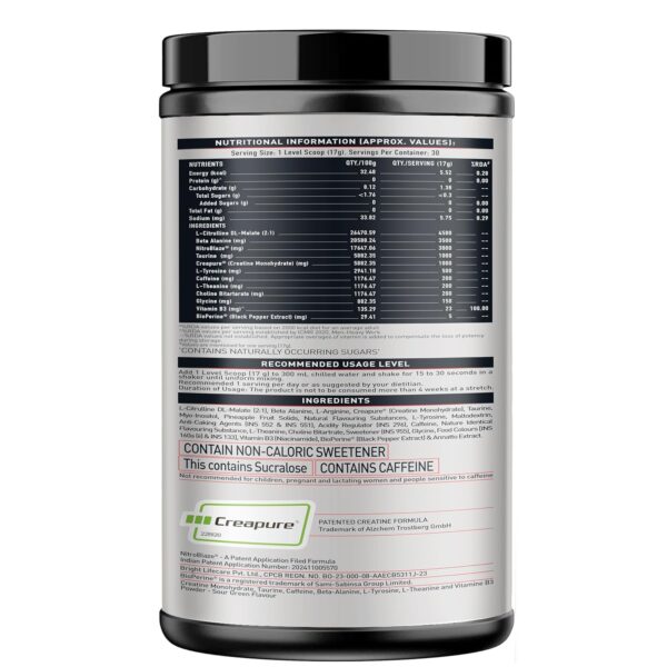 MuscleBlaze Pre Workout WrathX with Creapure, Nitroblaze & BioPerine (Sour Green, 510g, 30 Servings)
