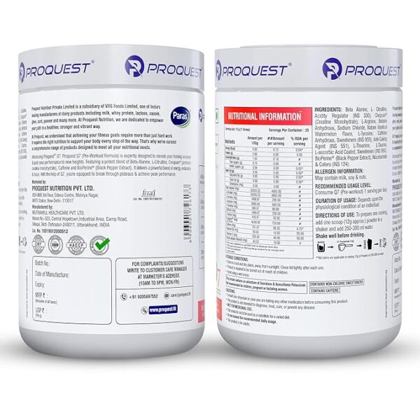 Proquest Q7 Pre-Workout (Salted Watermelon, 25 Servings 300g) | Per serve- Beta Alanine 4000 mg, L-Arginine 600 mg, Creapure® 750mg, Caffeine 200mg | Muscle Pump, Performance, Energy, Recovery, Focus & Endurance