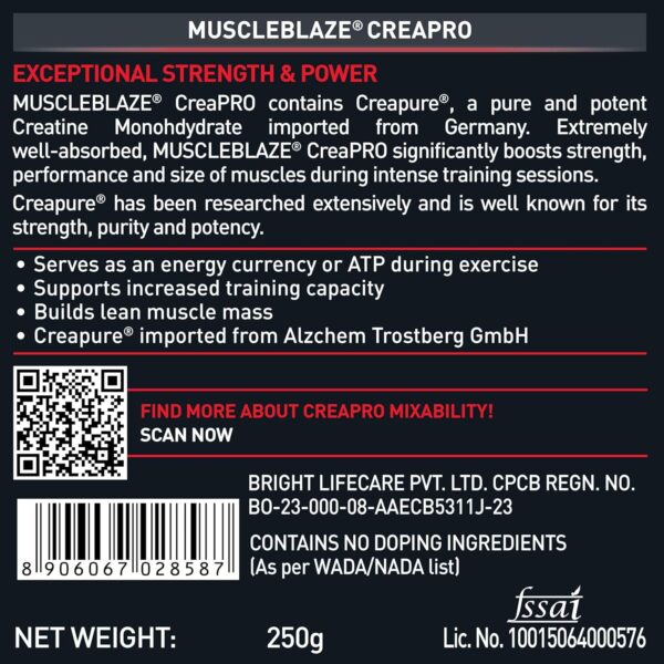 MuscleBlaze CreaPRO Creatine Monohydrate Powder with Creapure, Tangy Orange (62 Servings, 250g)