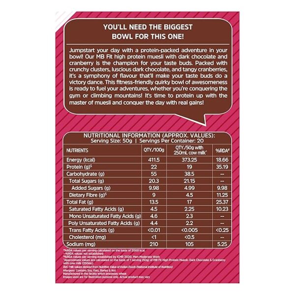 MuscleBlaze Fit High Protein Muesli (1kg, Dark Chocolate & Cranberry) | 22g Protein | With Raisins, Almonds & Super Seeds,High Protein Breakfast Cereals