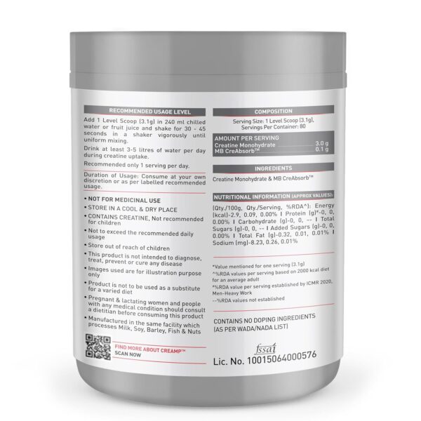 MuscleBlaze Micronised Creatine Monohydrate CreAMP Powder, Unflavoured (80 Servings, 250g) | Trustified Certified Creatine