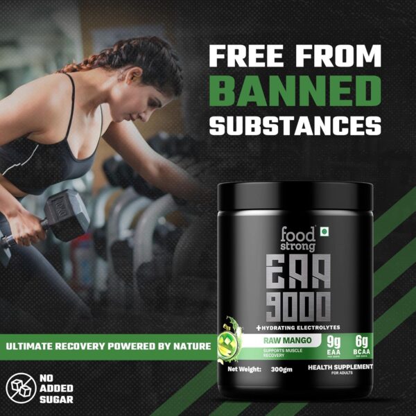Foodstrong EAA 9000 with Hydrating Electrolytes, Raw Mango Flavour, 9g Essential Amino Acids (EAA) & 6g BCAA Per Serving – Supports Muscle Recovery & Rehydration – 300g, 25 Servings