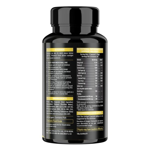 MuscleBlaze Omega 3 Fish Oil Gold (60 Capsules) | 1300mg Omega 3 with 500mg EPA & 400mg DHA | 3x Triple Strength Formula | No Fishy Aftertaste