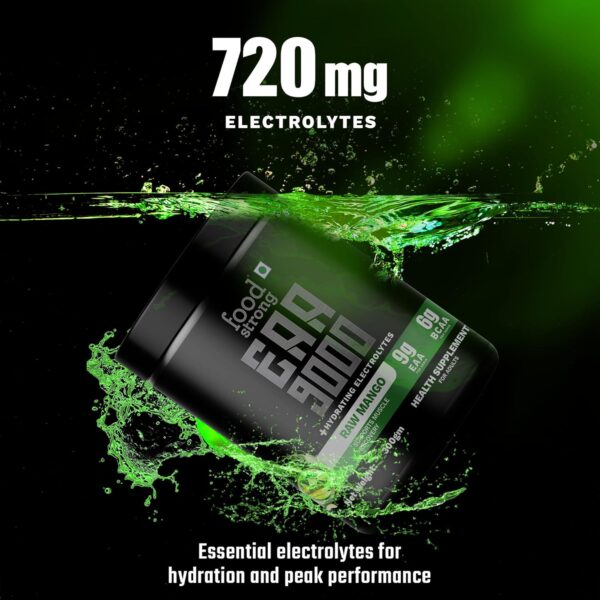 Foodstrong EAA 9000 with Hydrating Electrolytes, Raw Mango Flavour, 9g Essential Amino Acids (EAA) & 6g BCAA Per Serving – Supports Muscle Recovery & Rehydration – 300g, 25 Servings