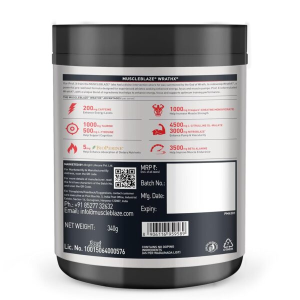 MuscleBlaze Pre Workout Wrathx With Creapure,Nitroblaze & Bioperine (Fruit Fury,340 G,20 Servings),Powder,1 Count