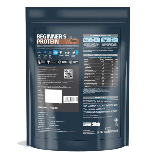 MuscleBlaze Beginner's Whey Protein, No Added Sugar, Faster Muscle Recovery & Improved Strength (Cookies and Cream, 1 kg / 2.2 lb)