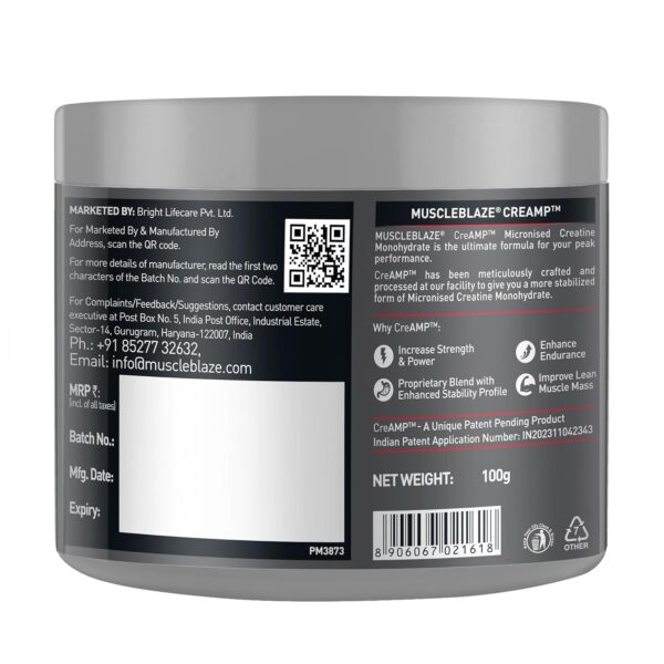 MuscleBlaze Micronised Creatine Monohydrate CreAMP Powder, Unflavoured (32 Servings, 100g) | Trustified Certified Creatine