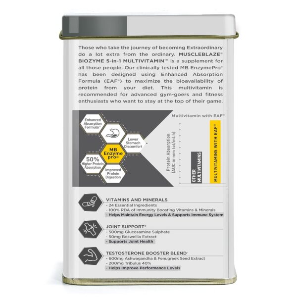 MuscleBlaze Biozyme Daily Multivitamin|5-In-1 Supplement With Vitamins,Minerals,Joint,T-Booster Blend|With Us Patent Published Eafa|For Higher Energy & Improved Performance,1 Count,90 Capsules