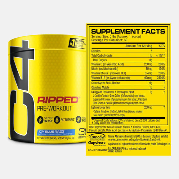 Cellucor C4 Ripped Explosive Pre-Workout & Cutting Formula 180g (30 Servings)ICY BLUE RAZZ