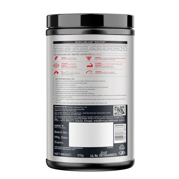 MuscleBlaze Pre Workout WrathX with Creapure, Nitroblaze & BioPerine (Sour Green, 510g, 30 Servings)