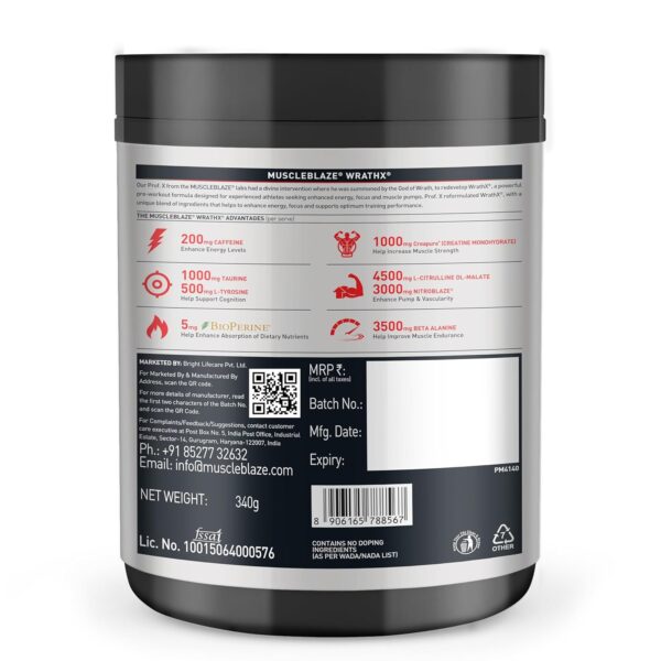 MuscleBlaze Pre Workout WrathX with Creapure, Nitroblaze & BioPerine (Mango Mayhem, 340g, 20 Servings)