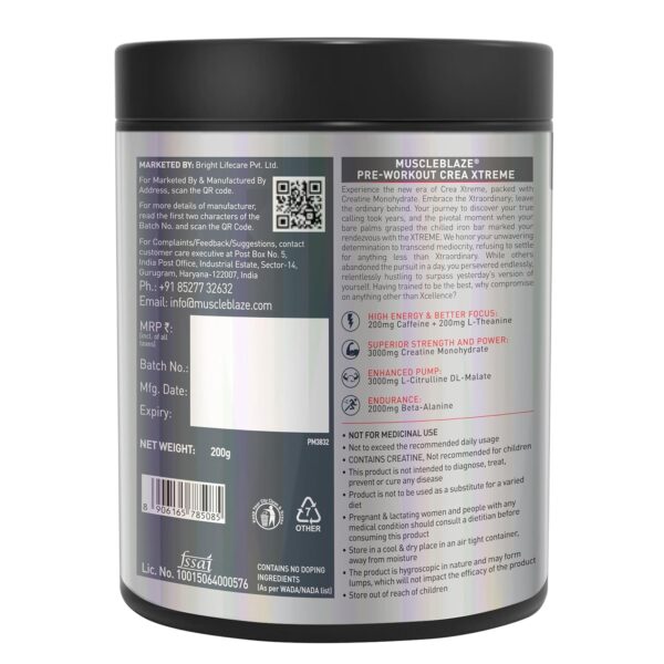 MuscleBlaze Pre Workout Crea-Xtreme (Berry Lime, 200g, 20 Servings) | 3000 mg Creatine Monohydrate, 200mg Caffeine, 200mg Theanine, 2000mg Beta Alanine