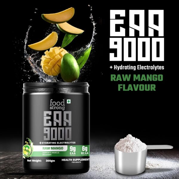 Foodstrong EAA 9000 with Hydrating Electrolytes, Raw Mango Flavour, 9g Essential Amino Acids (EAA) & 6g BCAA Per Serving – Supports Muscle Recovery & Rehydration – 300g, 25 Servings
