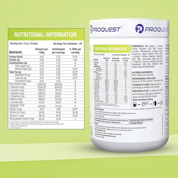Proquest Nutrition Q7 Pre-Workout (Lemon Zist, 25 Servings 300g) | Per serve- Beta Alanine 4000 mg, L-Arginine 600 mg, Creapure® 750mg, Caffeine 200mg | Muscle Pump, Performance, Energy, Recovery, Focus & Endurance