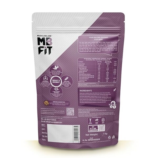 MuscleBlaze Fit High Protein Muesli (1kg, Fruits & Nut) | 22g Protein | With Apple, Almonds & Super Seeds, High Protein Breakfast Cereals
