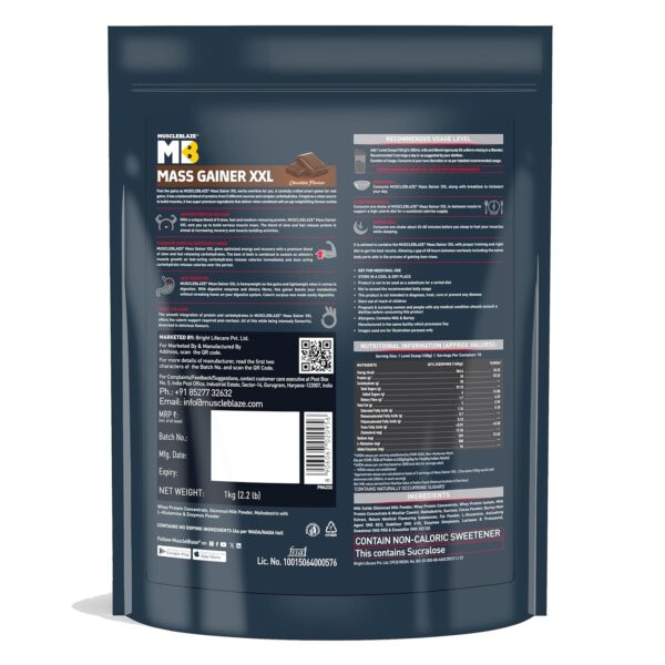 MuscleBlaze Mass Gainer XXL (Chocolate, 1kg / 2.2lbs, 10 Servings) | With Complex Carbs, High Protein & Digestive Enzymes, Powder