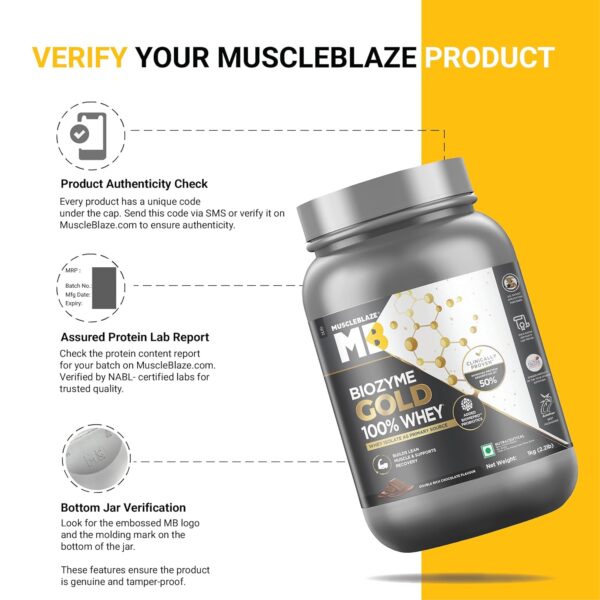 MuscleBlaze Biozyme Gold 100% Whey Protein (Double Rich Chocolate, 1kg / 2.2 lb) | Whey Isolate as Primary Protein Source