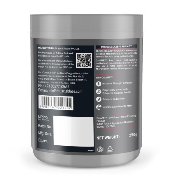 MuscleBlaze Micronised Creatine Monohydrate CreAMP Powder, Unflavoured (80 Servings, 250g) | Trustified Certified Creatine