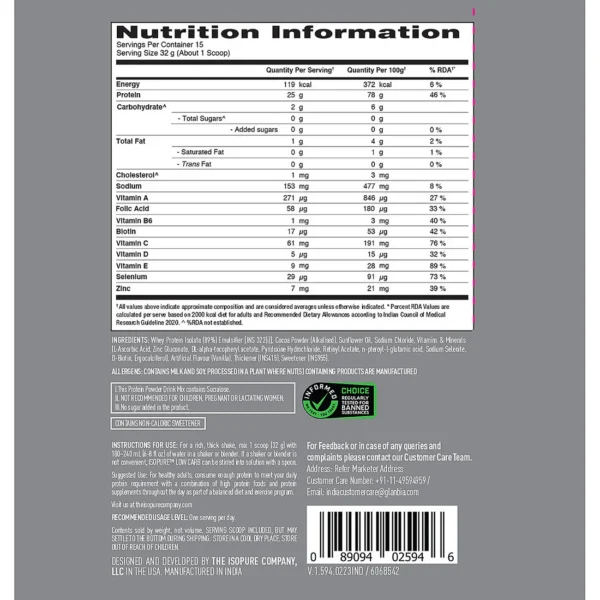 Isopure Dutch Chocolate - 500g / 1.1lb (Low Carb, Lactose-Free, Zero Added Sugar)